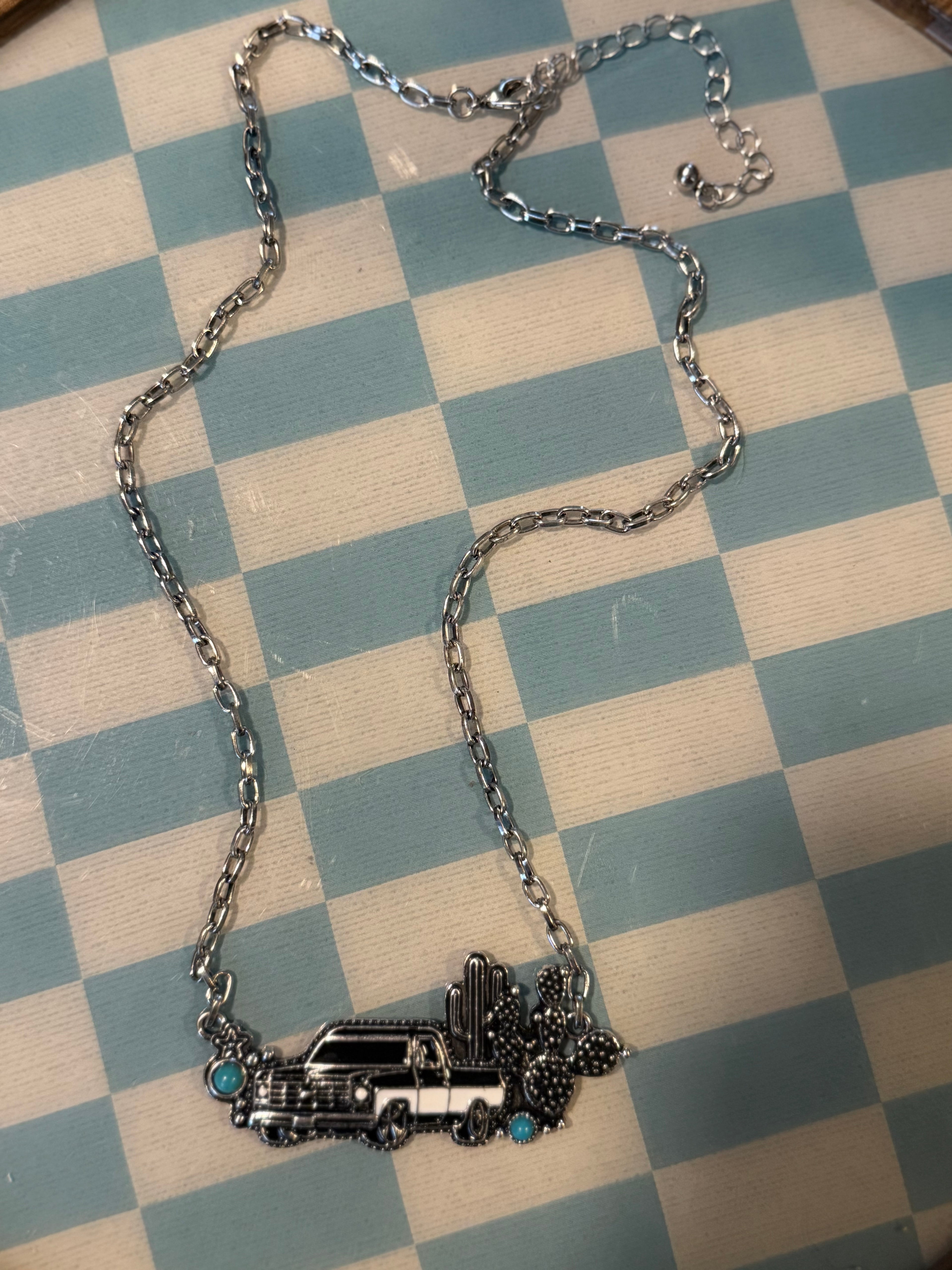 Western Style Truck Cactus Turquoise Stone Pendant Necklace