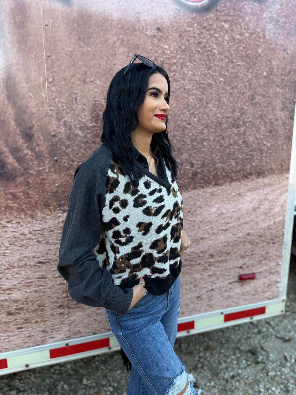 DoubleShift Knit  *Leopard Faux Denim Sweatshirt
