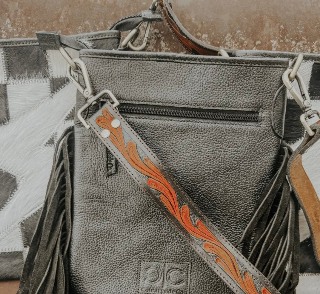 Checkered Cowhide Lightning Bolt Purse with Tooled Leather Strap