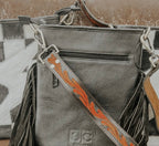 Checkered Cowhide Lightning Bolt Purse with Tooled Leather Strap