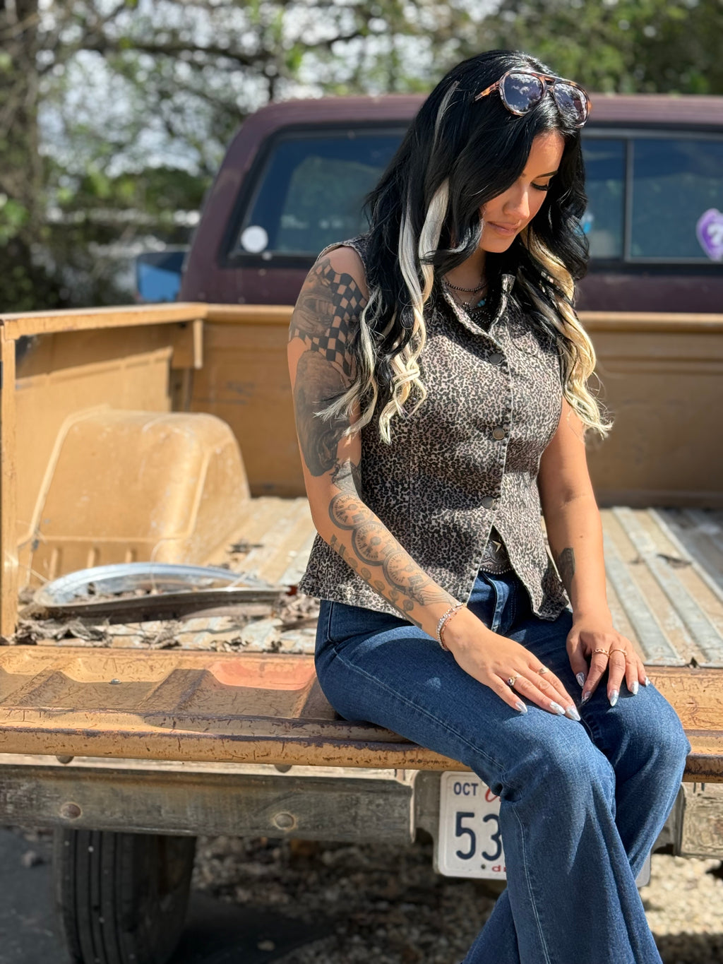 Western Leopard Print Slim Denim Vest