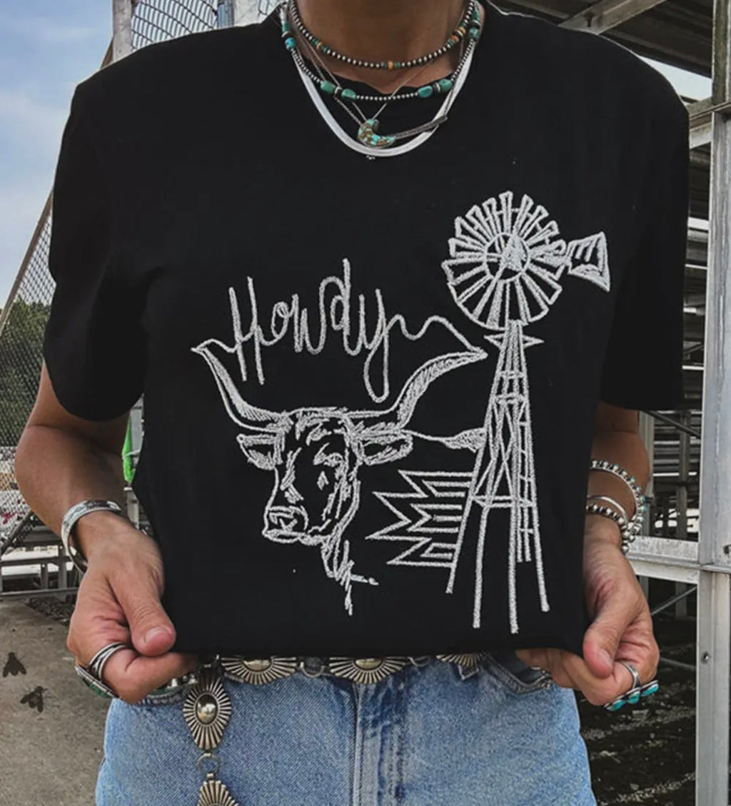 Black Howdy Western Cow Embroidered Neck T-Shirt