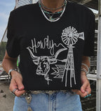 Black Howdy Western Cow Embroidered Neck T-Shirt