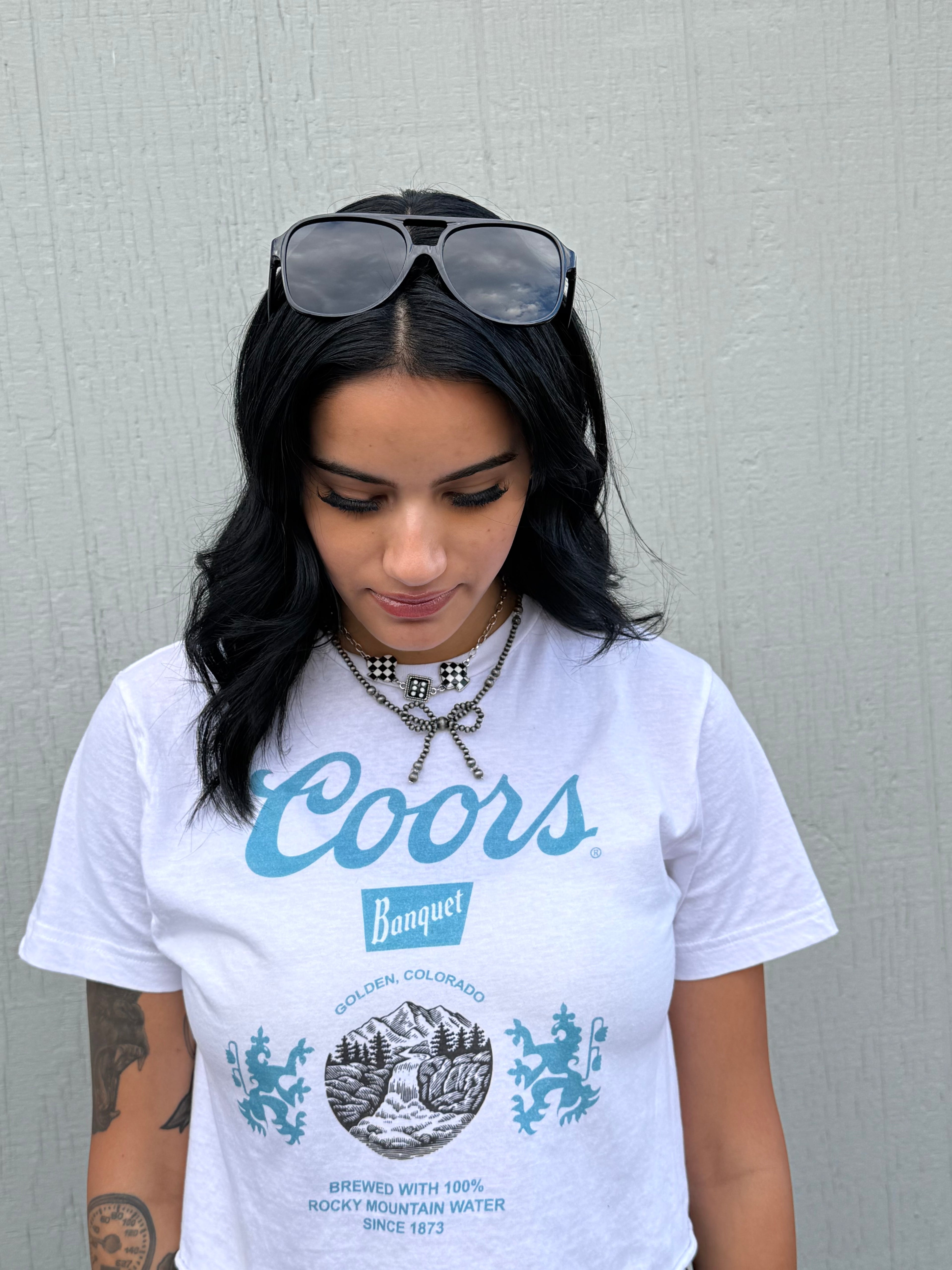 Coors Banquet Crop Top  “White/Light Blue” Tee