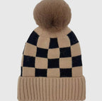 Checkered Ribbed Cuff Beanie with PomPom
