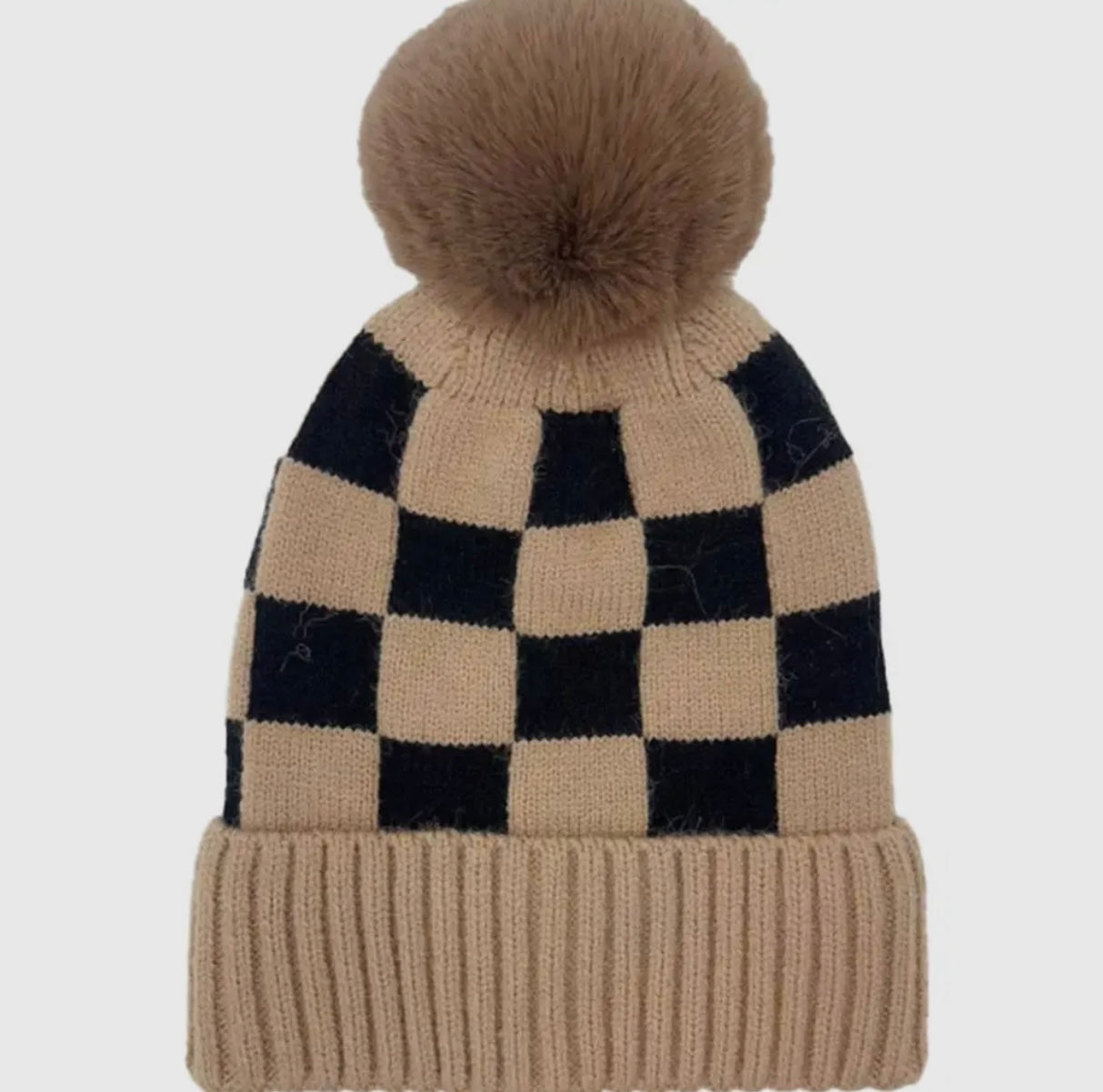 Checkered Ribbed Cuff Beanie with PomPom
