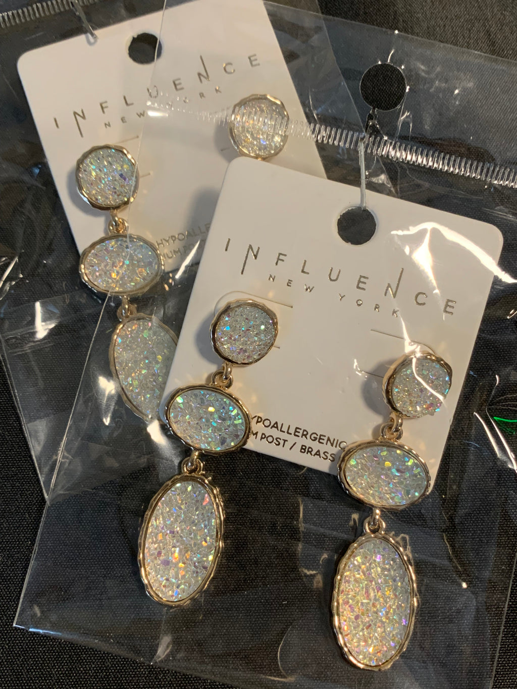 Oval Gradation Colored Faux Druzy Post Earrings “Holographic White”