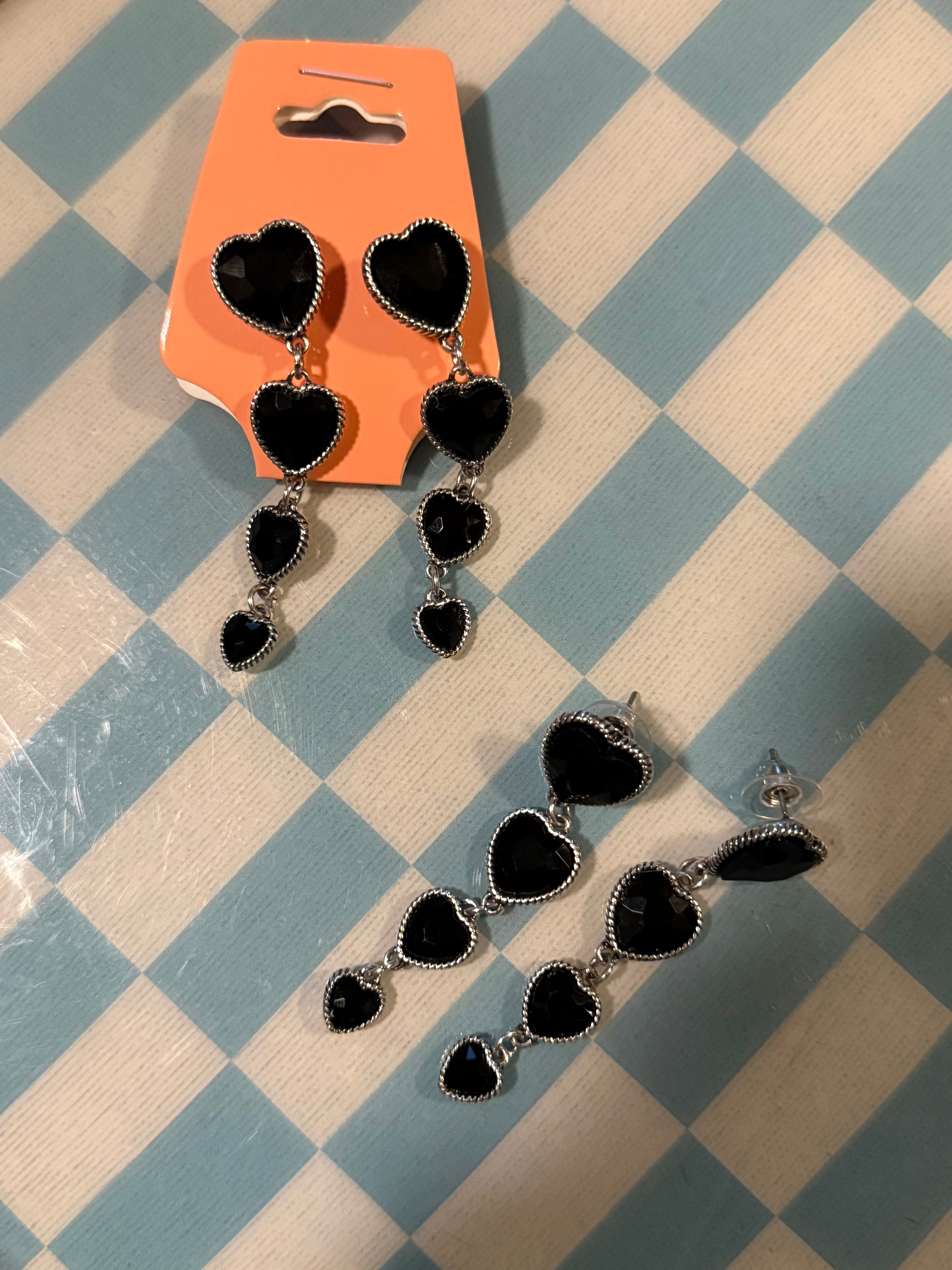 4 Tier Glass Stone Heart Post Drop Dangle Earrings