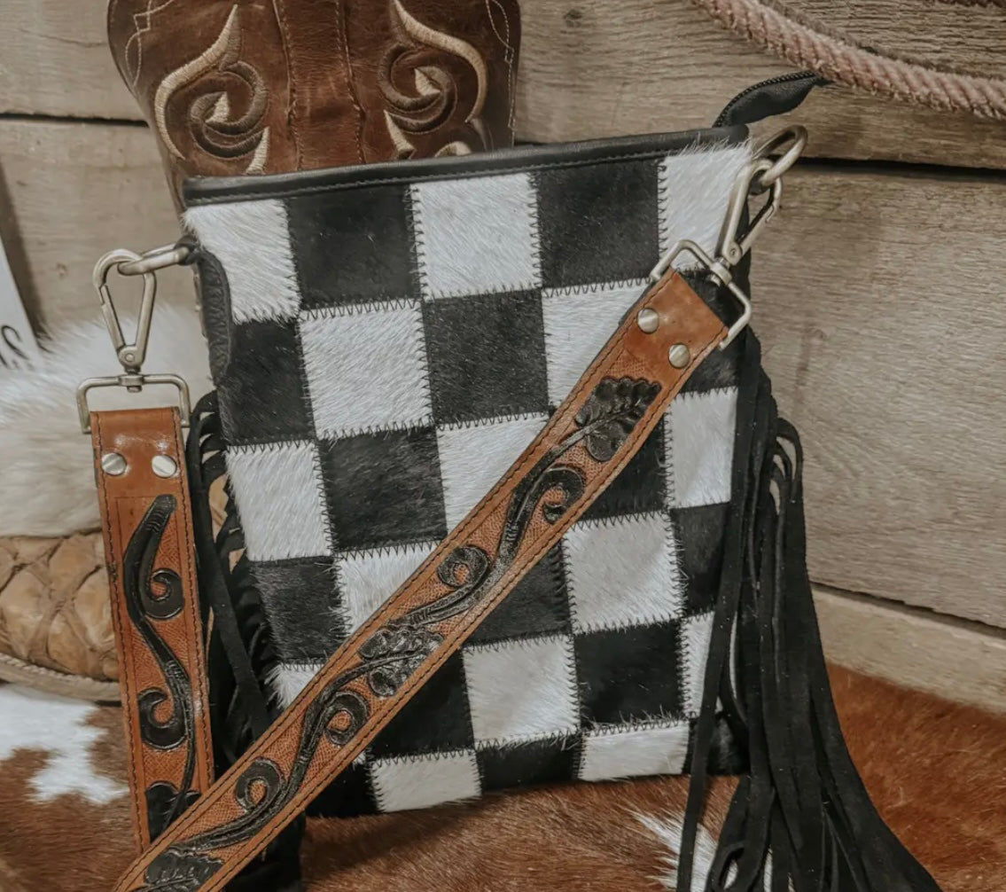 Stockyard Checkered Cowhide Fringe Purse, Black & White