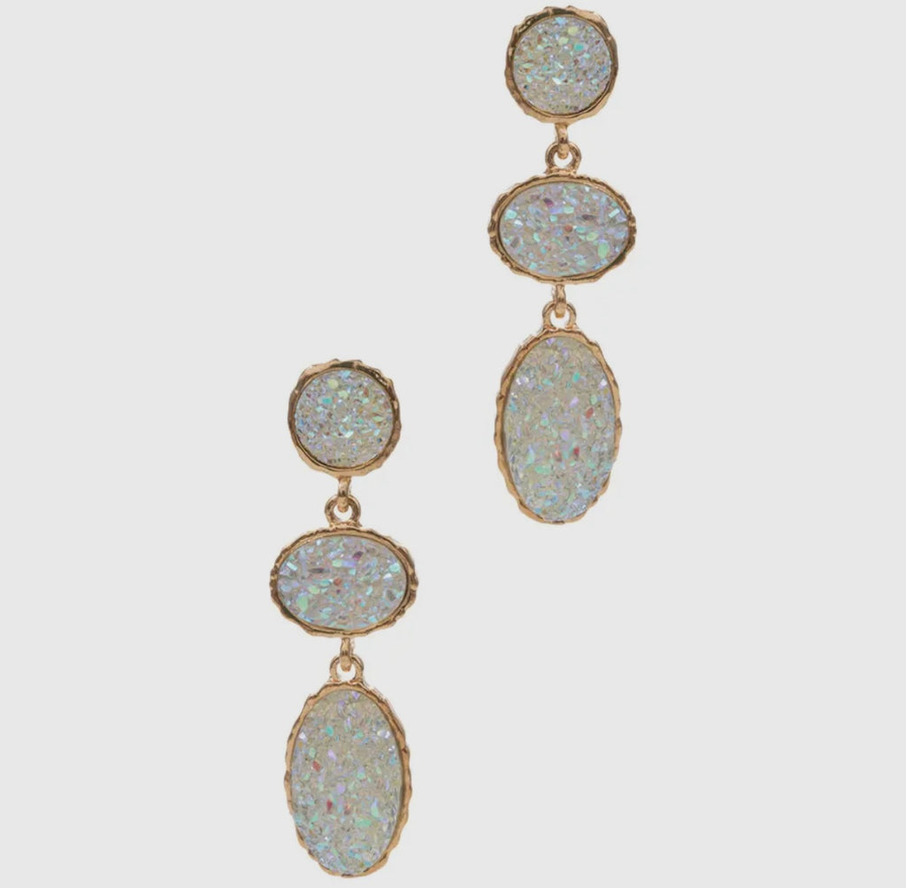 Oval Gradation Colored Faux Druzy Post Earrings “Holographic White”