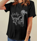 Black Howdy Western Cow Embroidered Neck T-Shirt