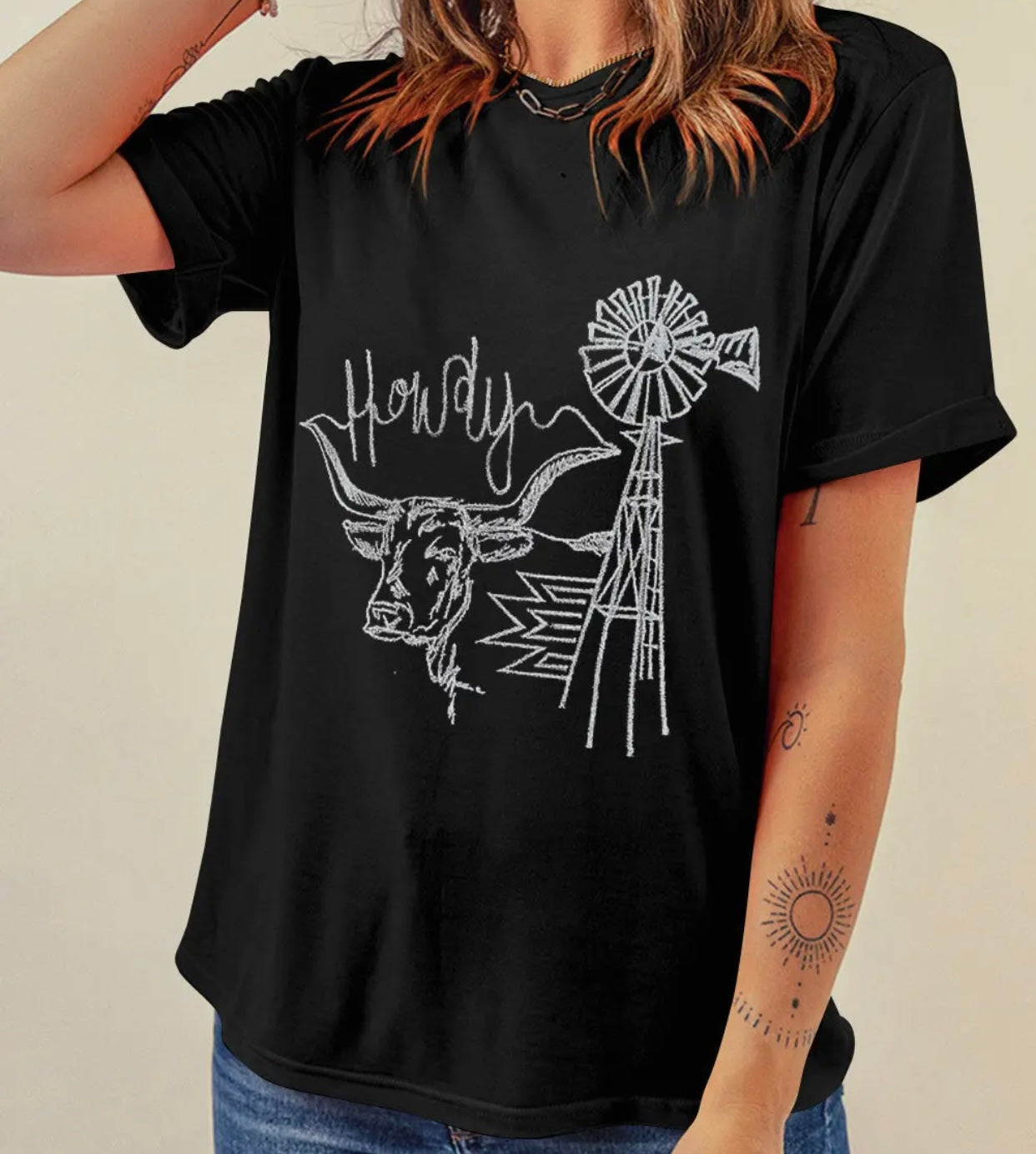 Black Howdy Western Cow Embroidered Neck T-Shirt