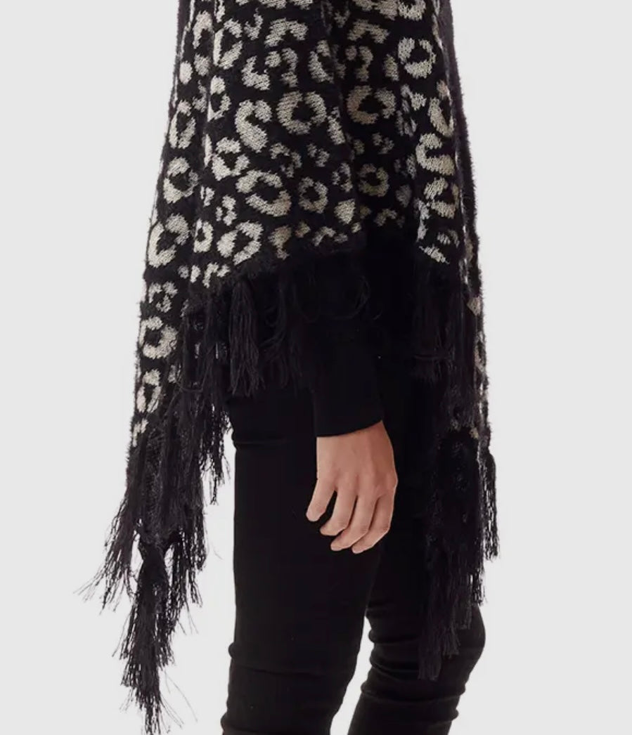 Women's Soft Fuzzy Leopard Print Poncho “Black/White”