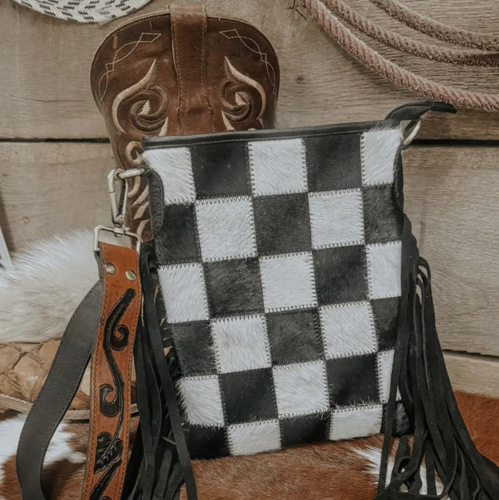 Stockyard Checkered Cowhide Fringe Purse, Black & White
