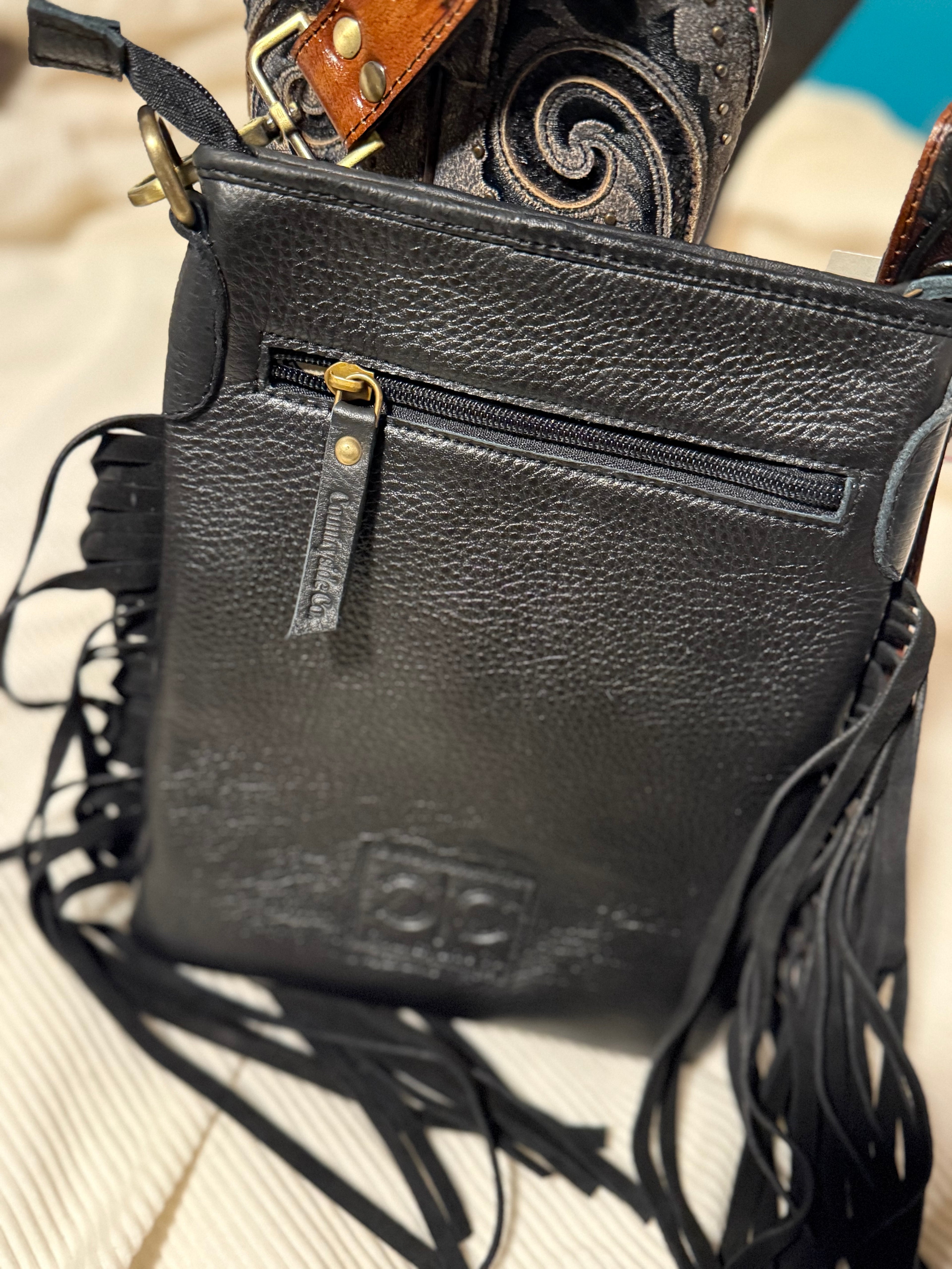 Stockyard Checkered Cowhide Fringe Purse, Black & White