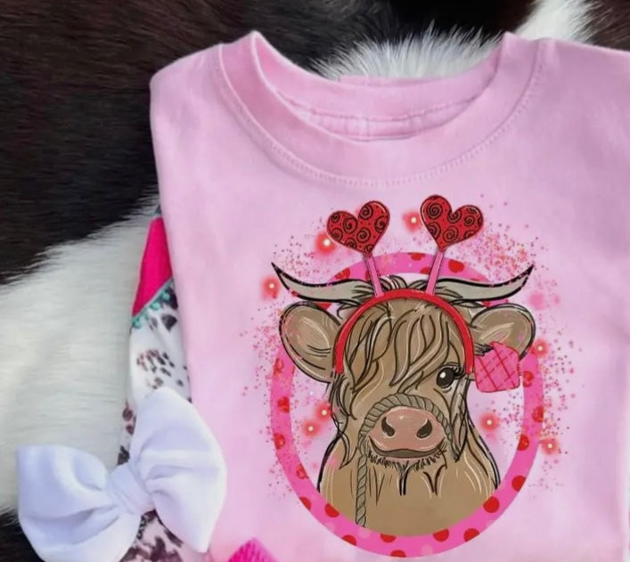 Valentines Highland Cow kids Tshirt