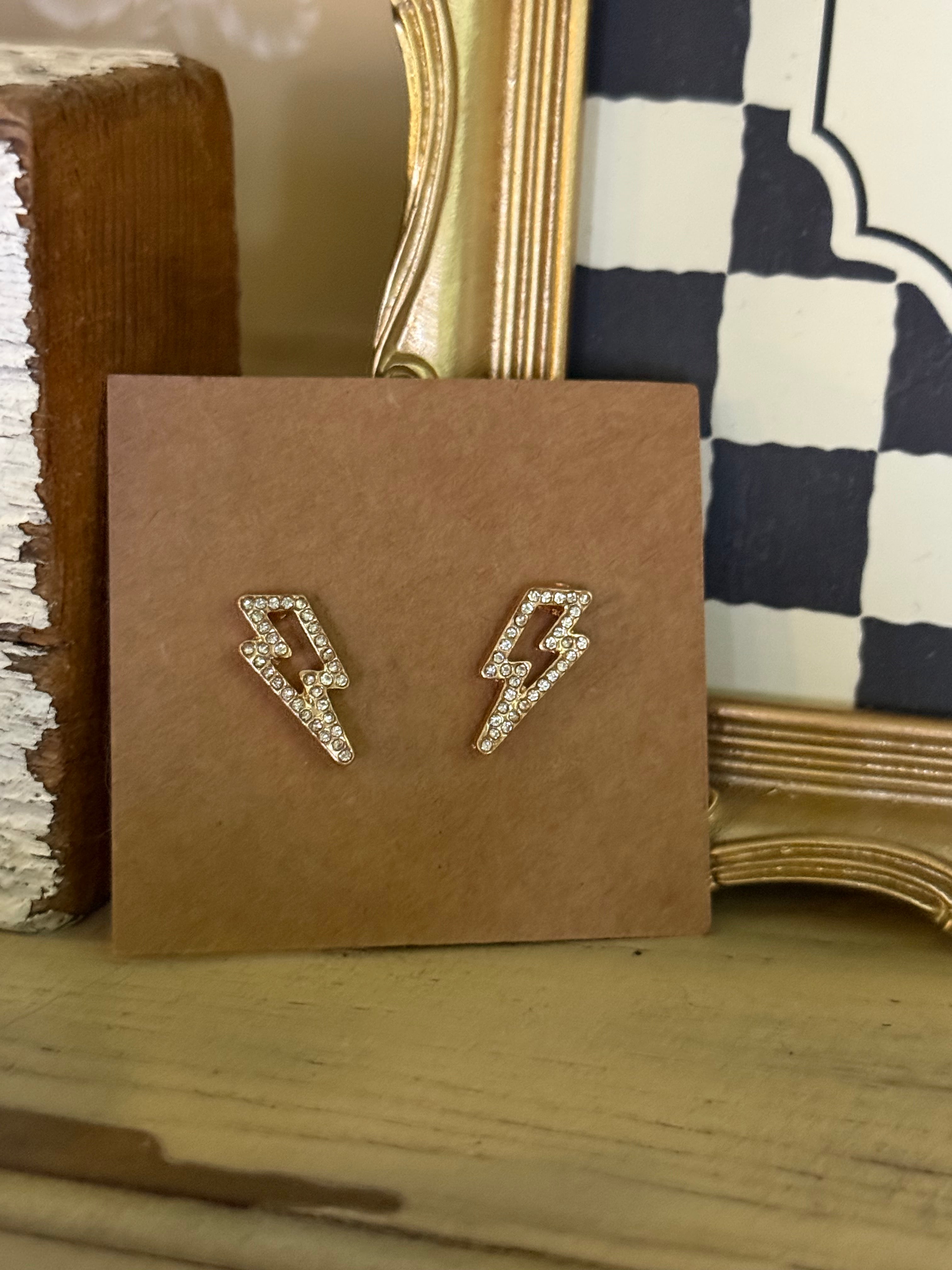 Western Lightning Bolt Paved Gold Stud Earrings