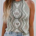 Green Western Tribal Aztec Pattern Knit Sweater Tank
