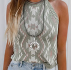 Green Western Tribal Aztec Pattern Knit Sweater Tank
