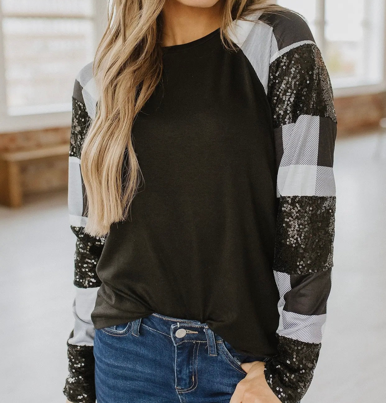 Corbin Buffalo Plaid Sequin Top