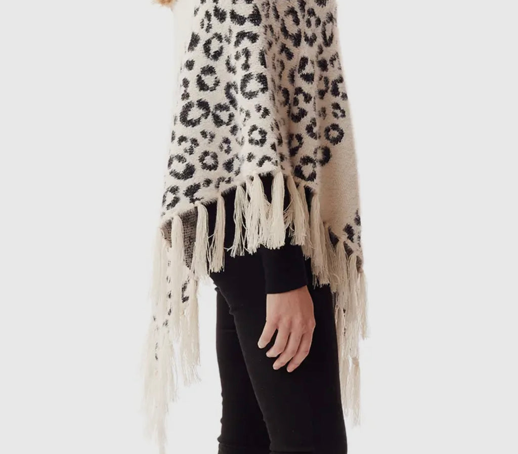 Women's Soft Fuzzy Leopard Print Poncho “White/Black”