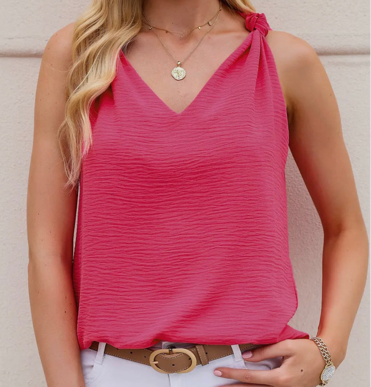 V Neck Knotted Shoulder Tank Top Pink