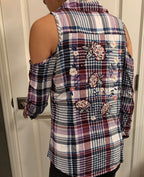 Women’s Sleeveless Collared Floral Back Plaid Top
