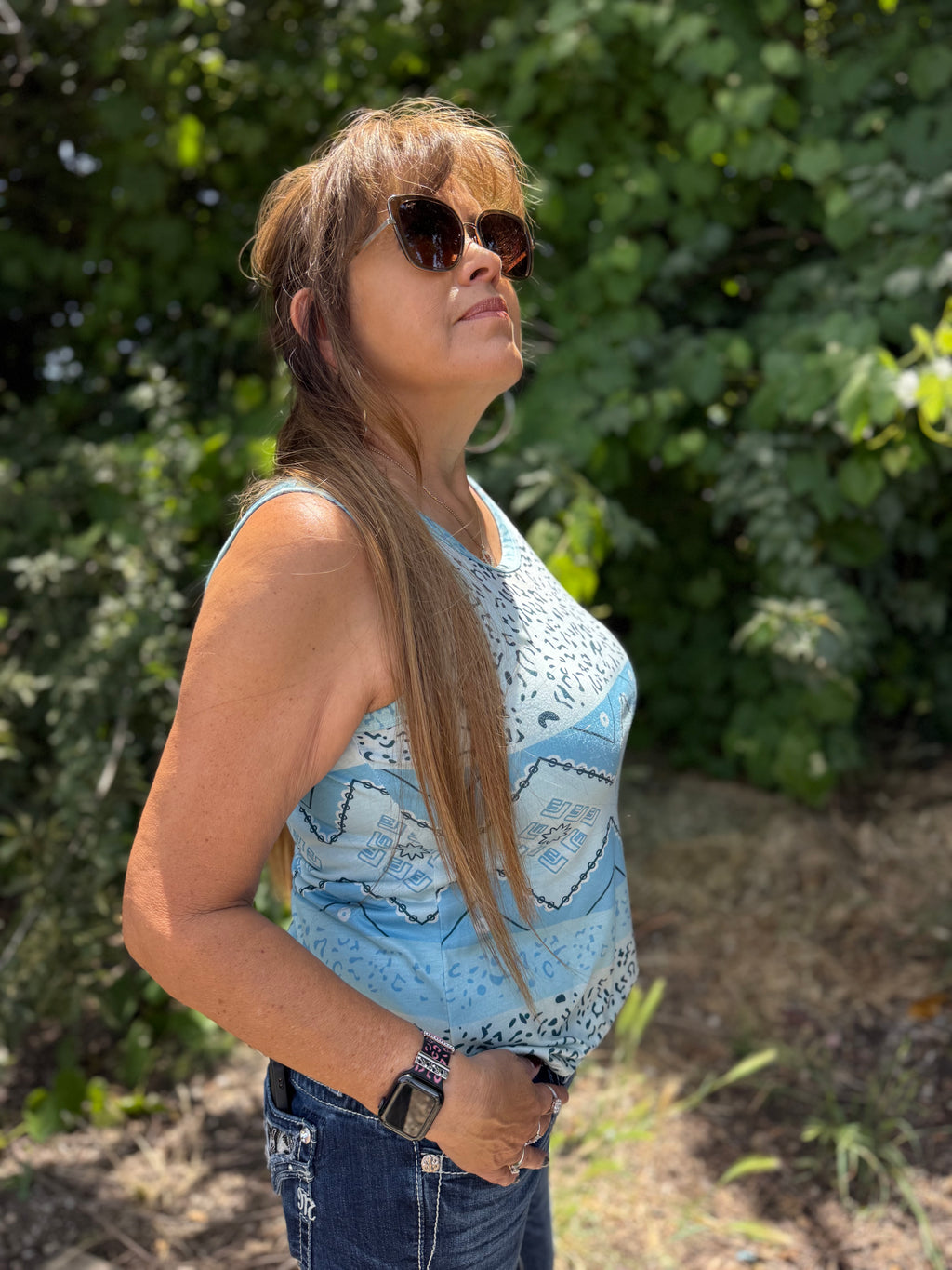 Leopard Splicing Aztec Printed Tank Top “Blue”