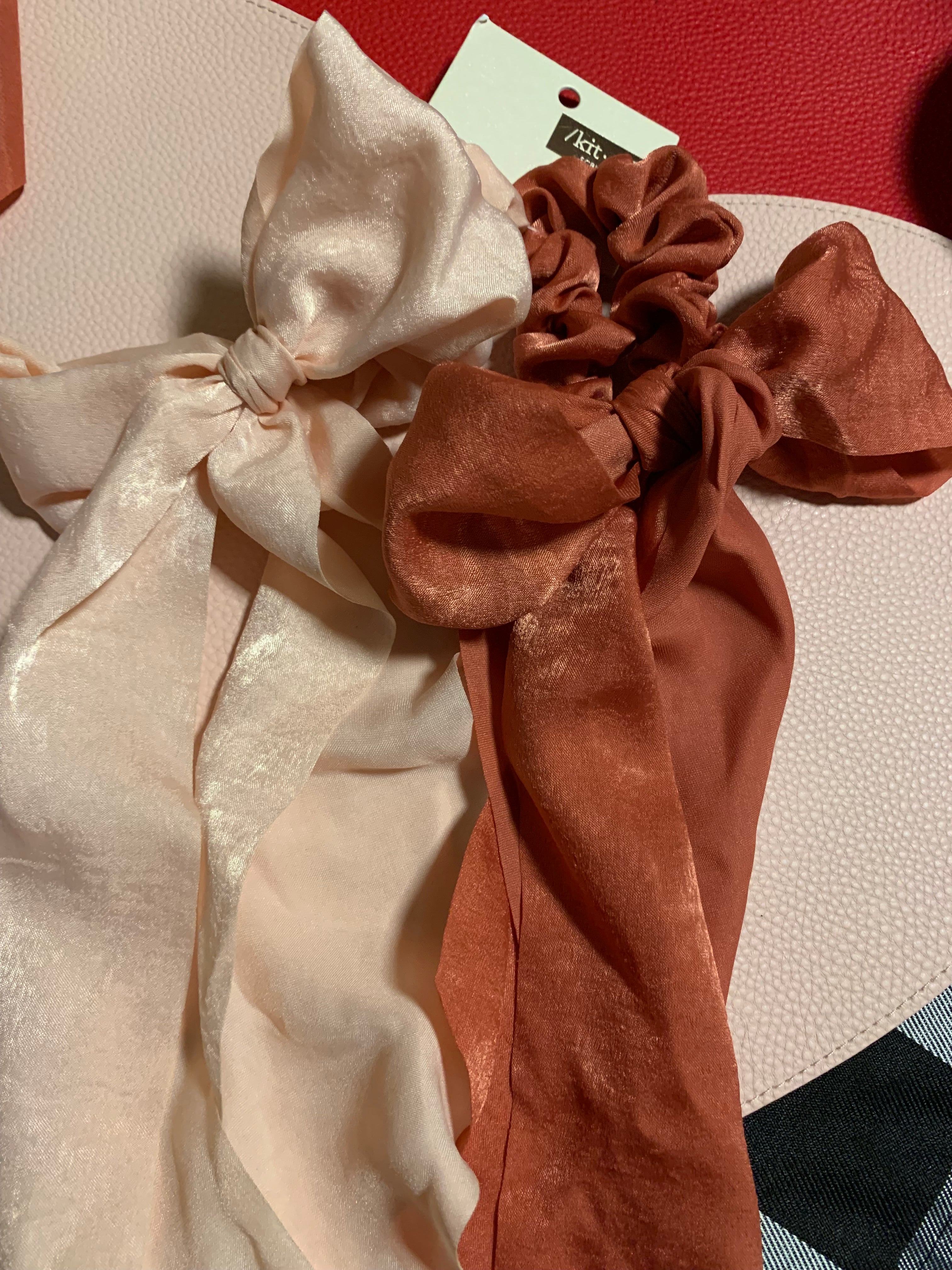 Satin Bow Scarf Scrunchies- Blush/Mauve