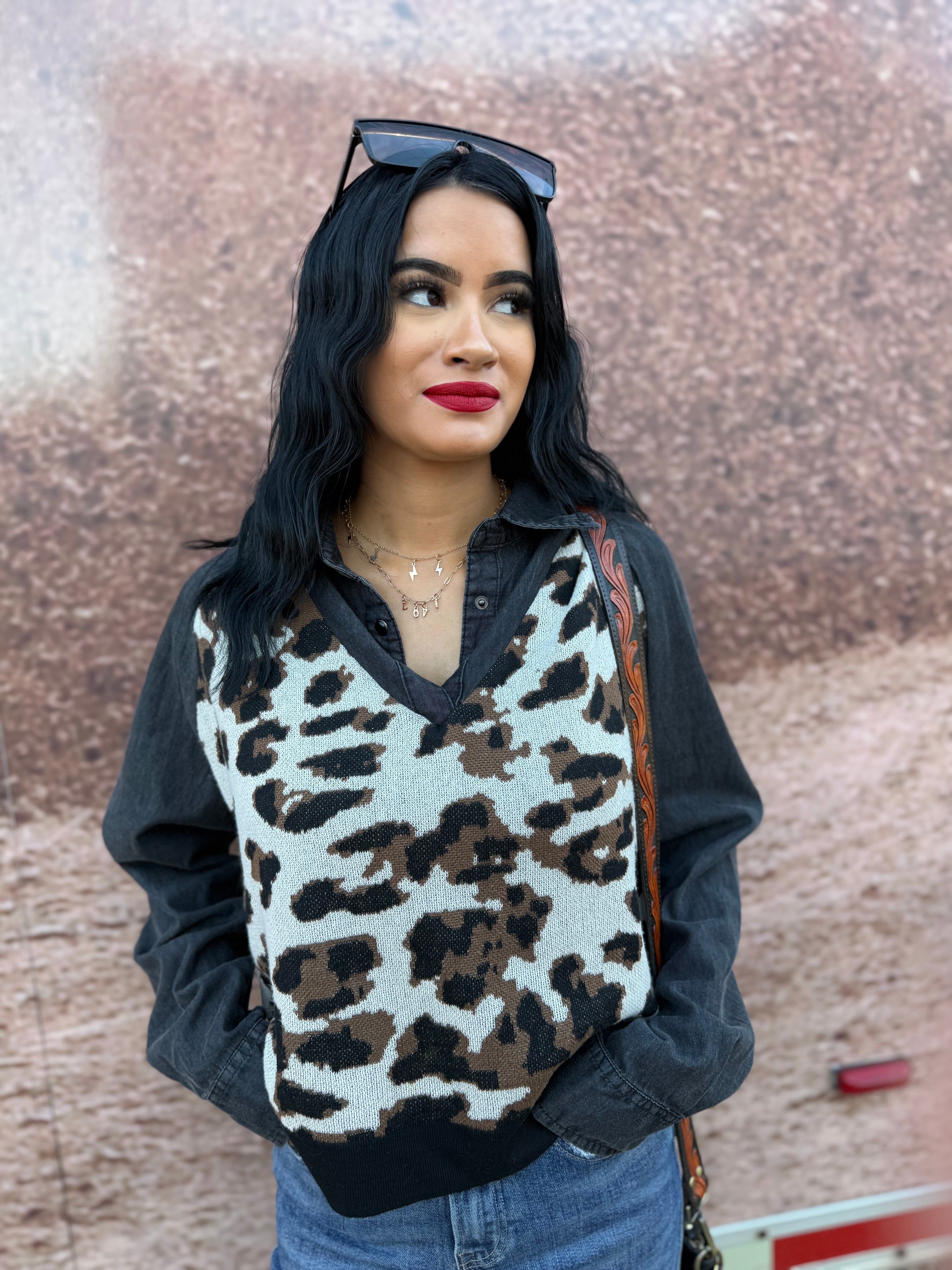 DoubleShift Knit  *Leopard Faux Denim Sweatshirt
