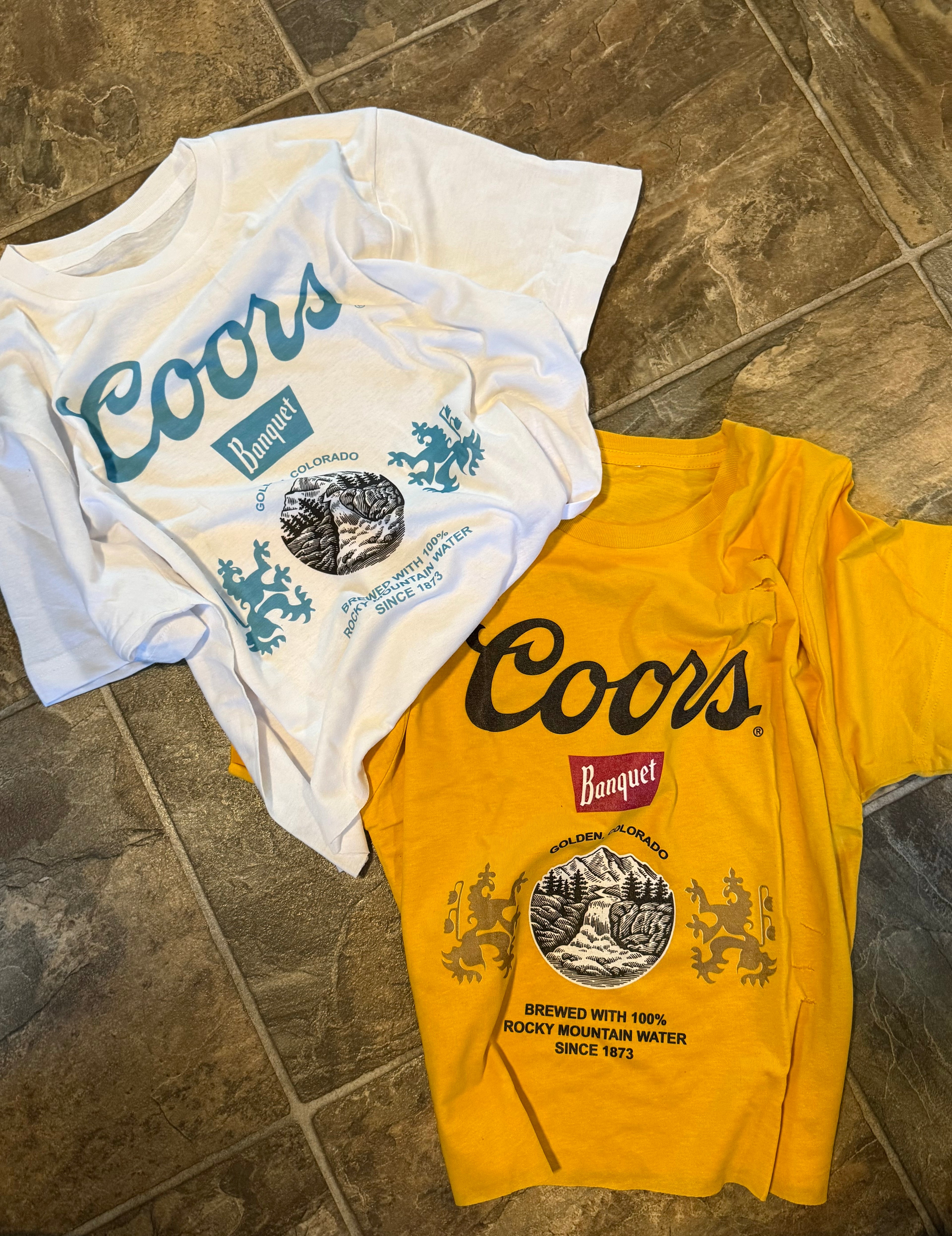 Coors Banquet Distressed Crop Top Tee “Yellow”