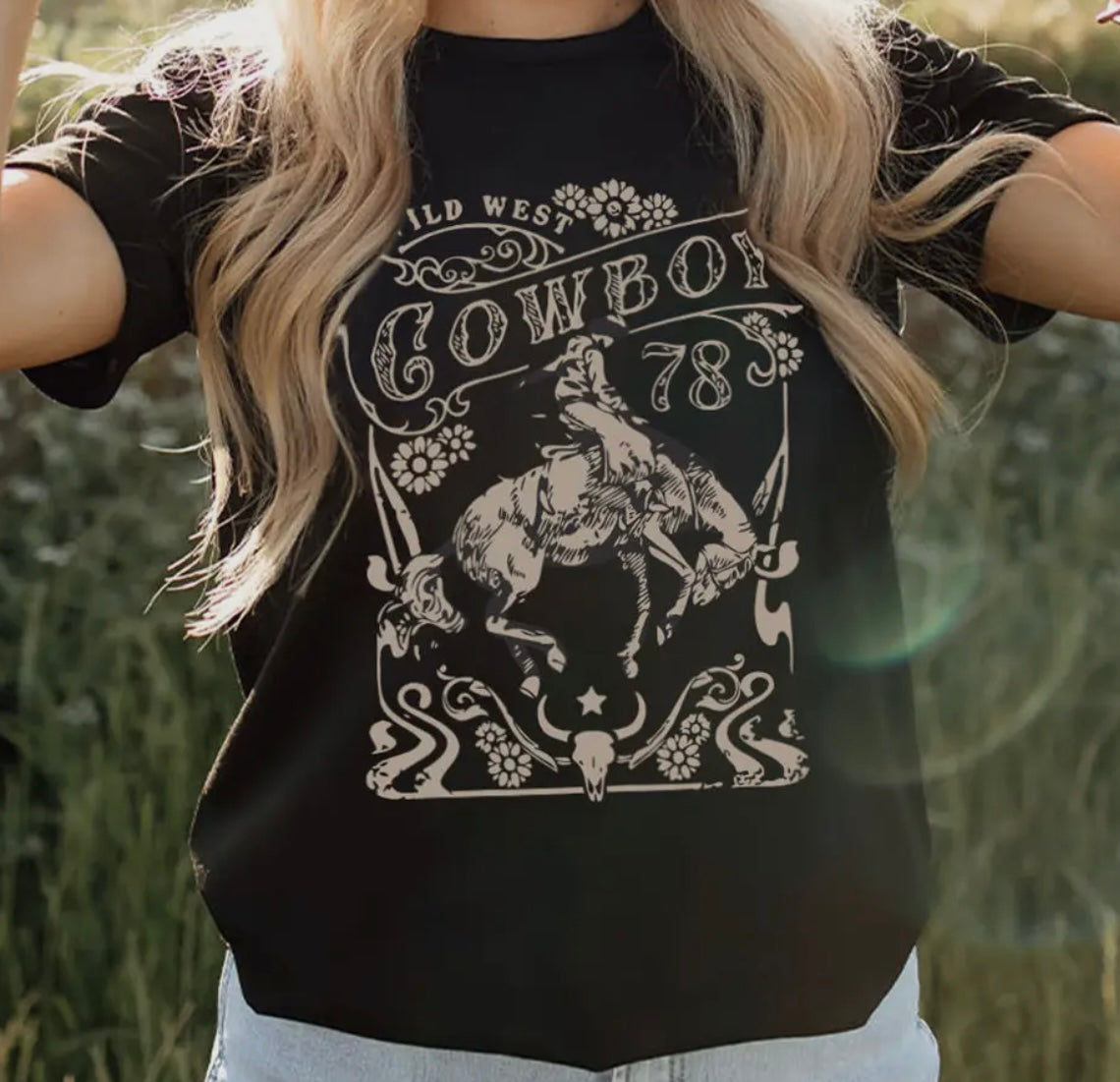 Black Western Cowboy 78 Graphic Crew Neck T-Shirt