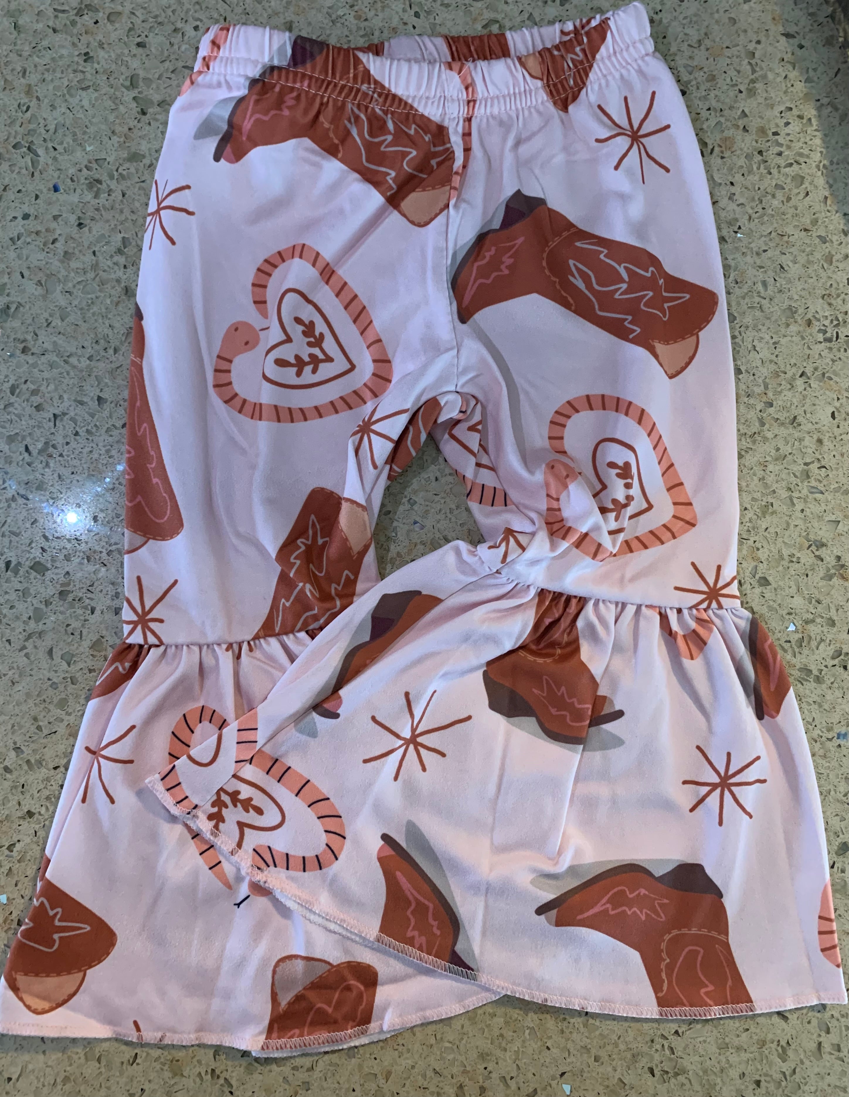 Kids Girls Bell Bottom Pants western heart and boots