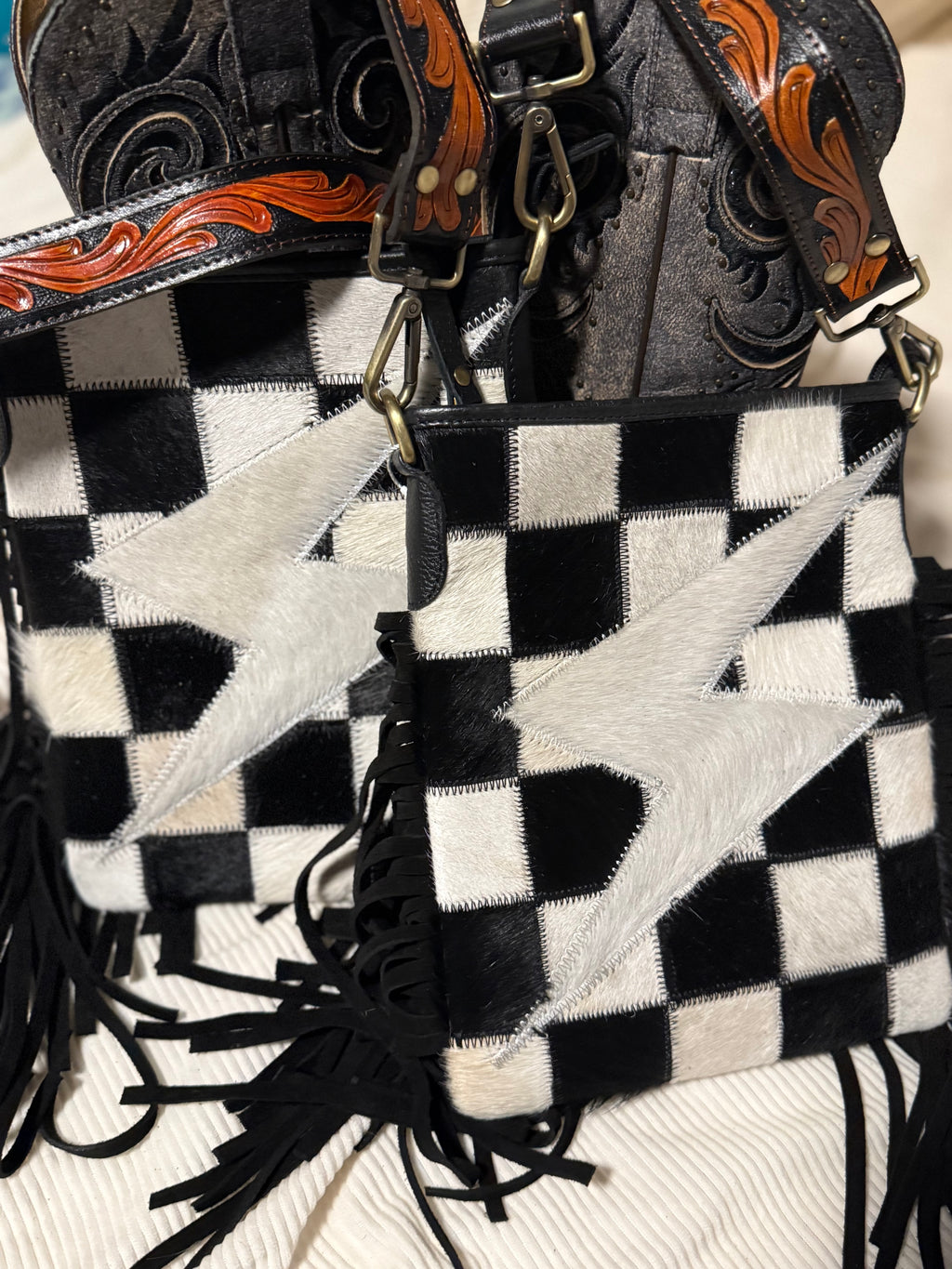Checkered Cowhide Lightning Bolt Purse with Tooled Leather Strap