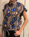 Women’s Short Sleeve Tie Front PomPom Animal Print Top