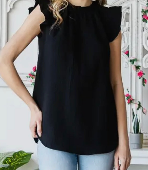 Cotton Knit Blouse Ruffle Mock Neck With Ruffle Sleeves