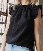 Cotton Knit Blouse Ruffle Mock Neck With Ruffle Sleeves