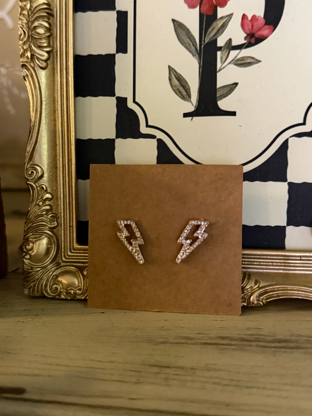 Western Lightning Bolt Paved Gold Stud Earrings