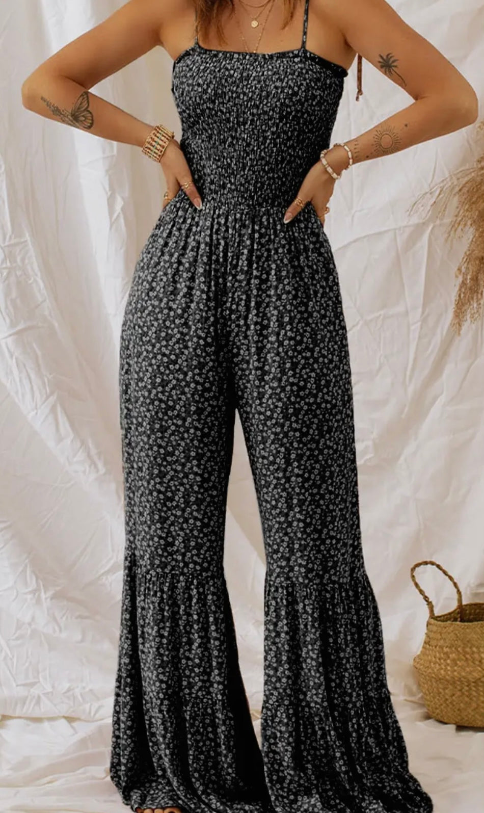 Smocked Straps Bodice Wide Leg Floral Jumpsuit/Multicolor