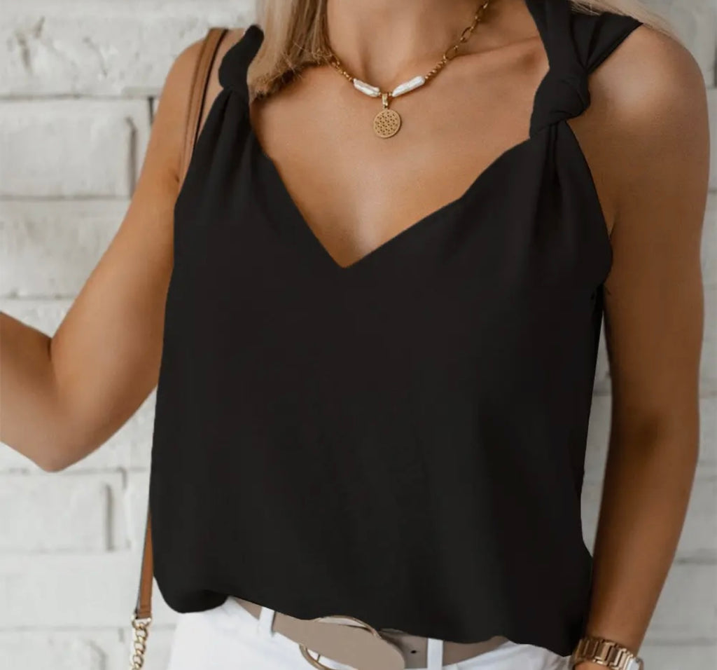 V Neck Knotted Shoulder Tank Top Black