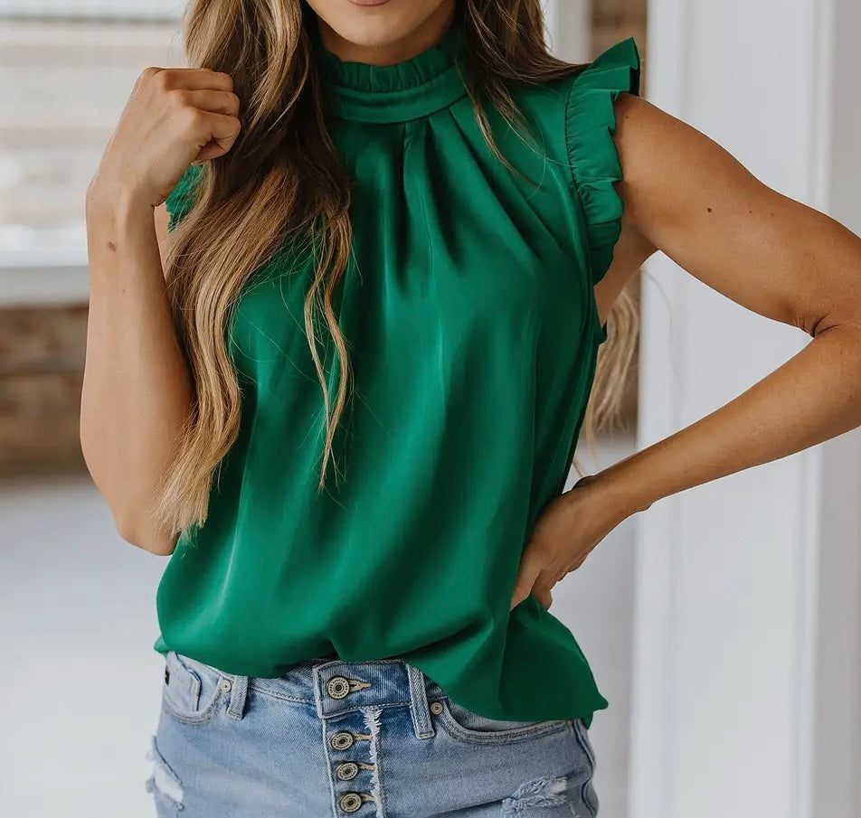 Caden Frilled Trim Sleeveless Blouse Emerald Green