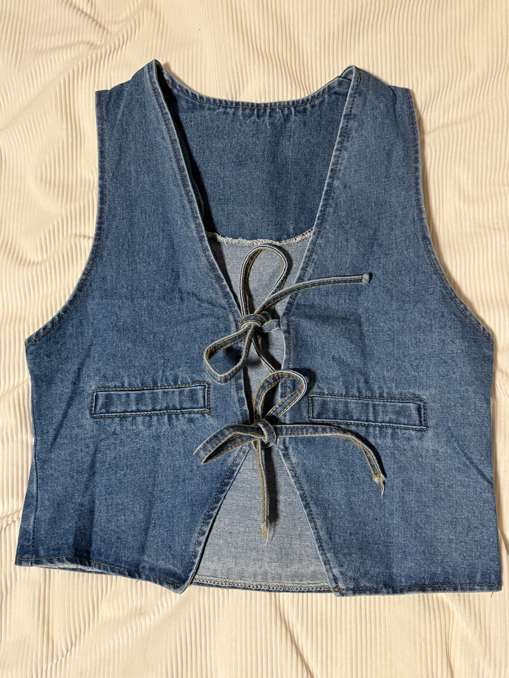 Front BowTie V-Neck Denim Vest “Deep Blue”
