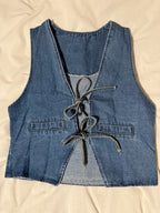 Front BowTie V-Neck Denim Vest “Deep Blue”