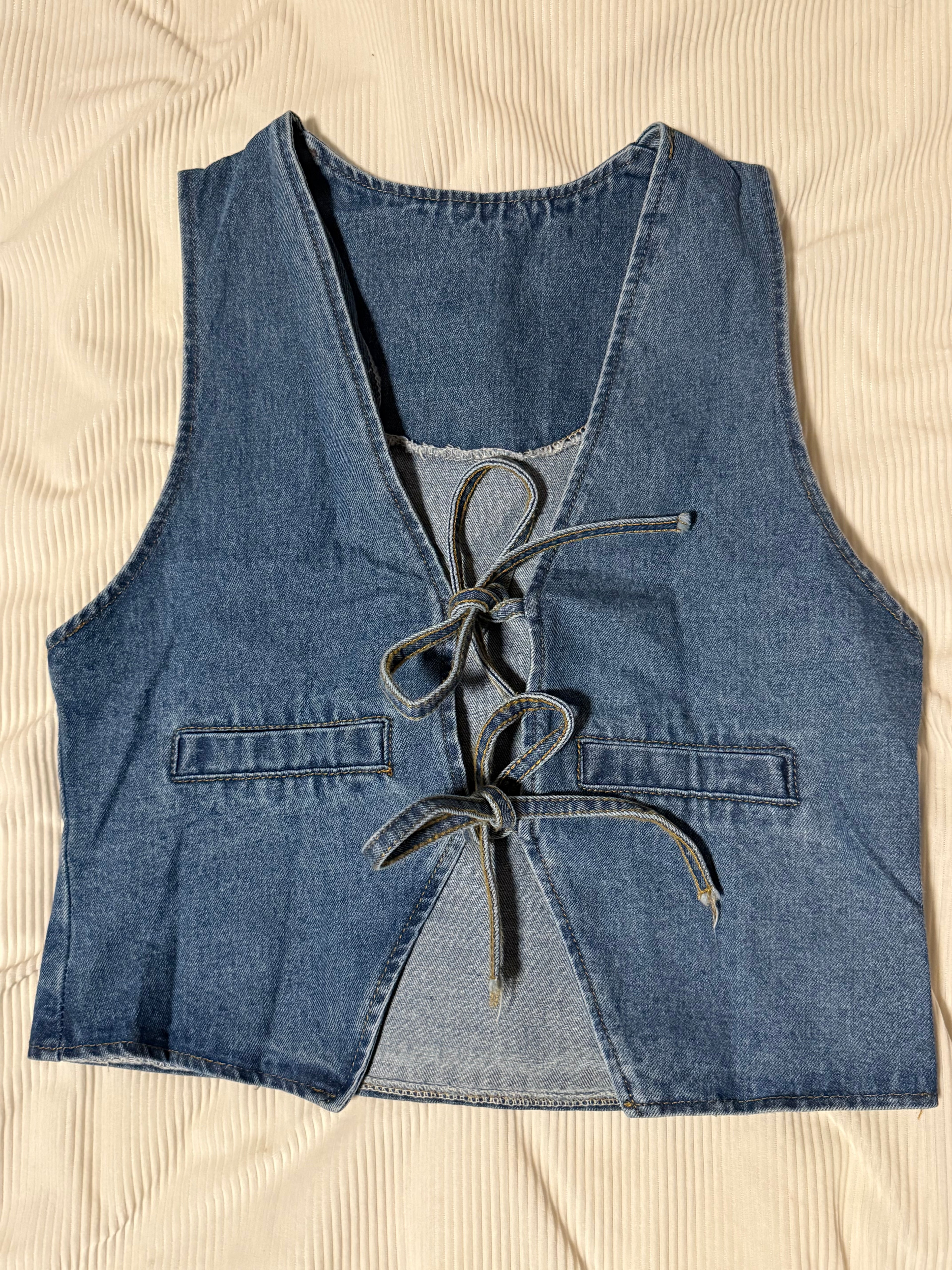 Front BowTie V-Neck Denim Vest “Deep Blue”