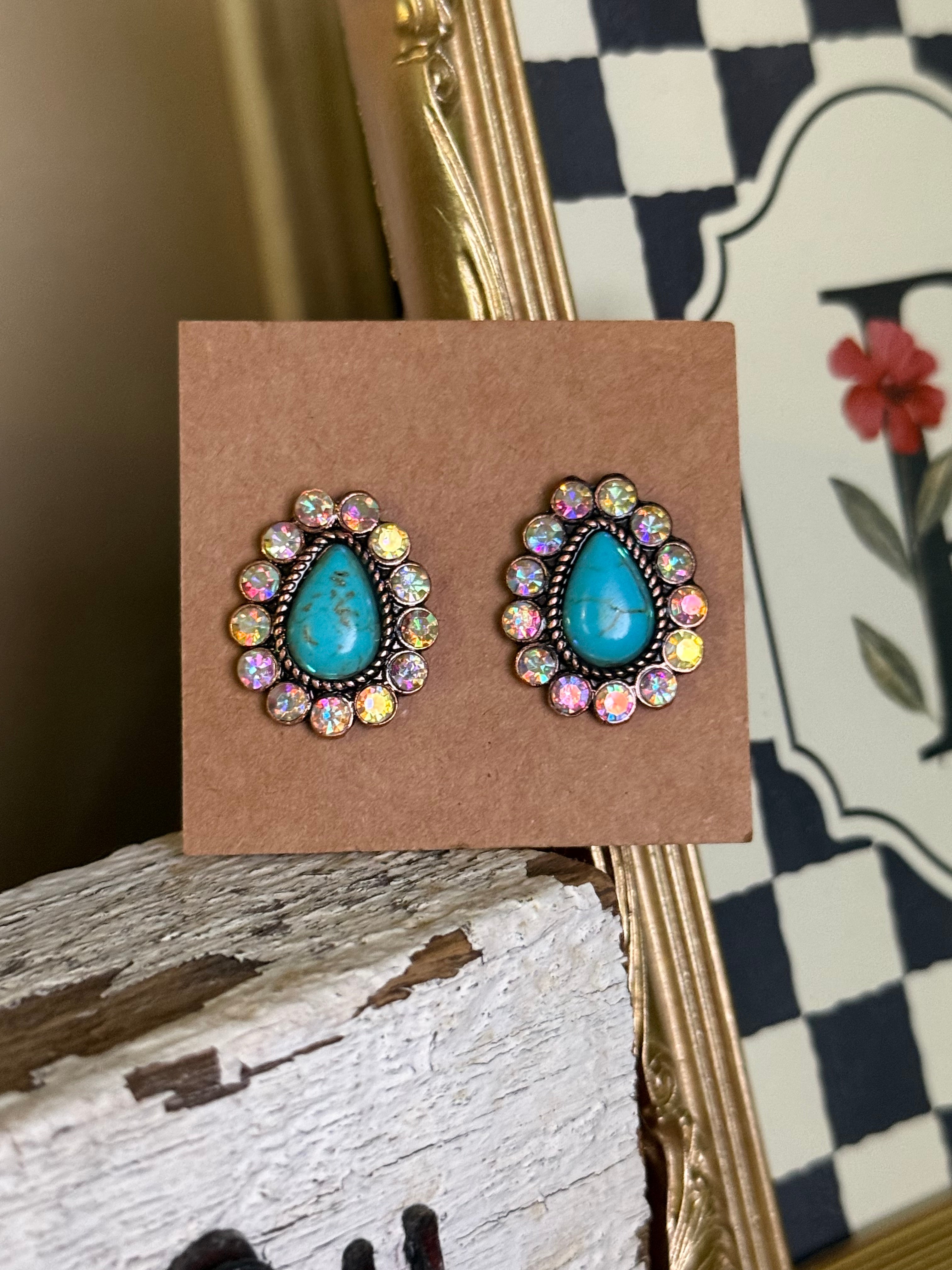 Western Stone Teardrop Stud Earrings “Turquoise/Clear”