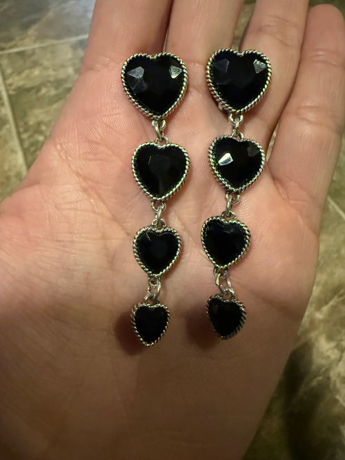4 Tier Glass Stone Heart Post Drop Dangle Earrings