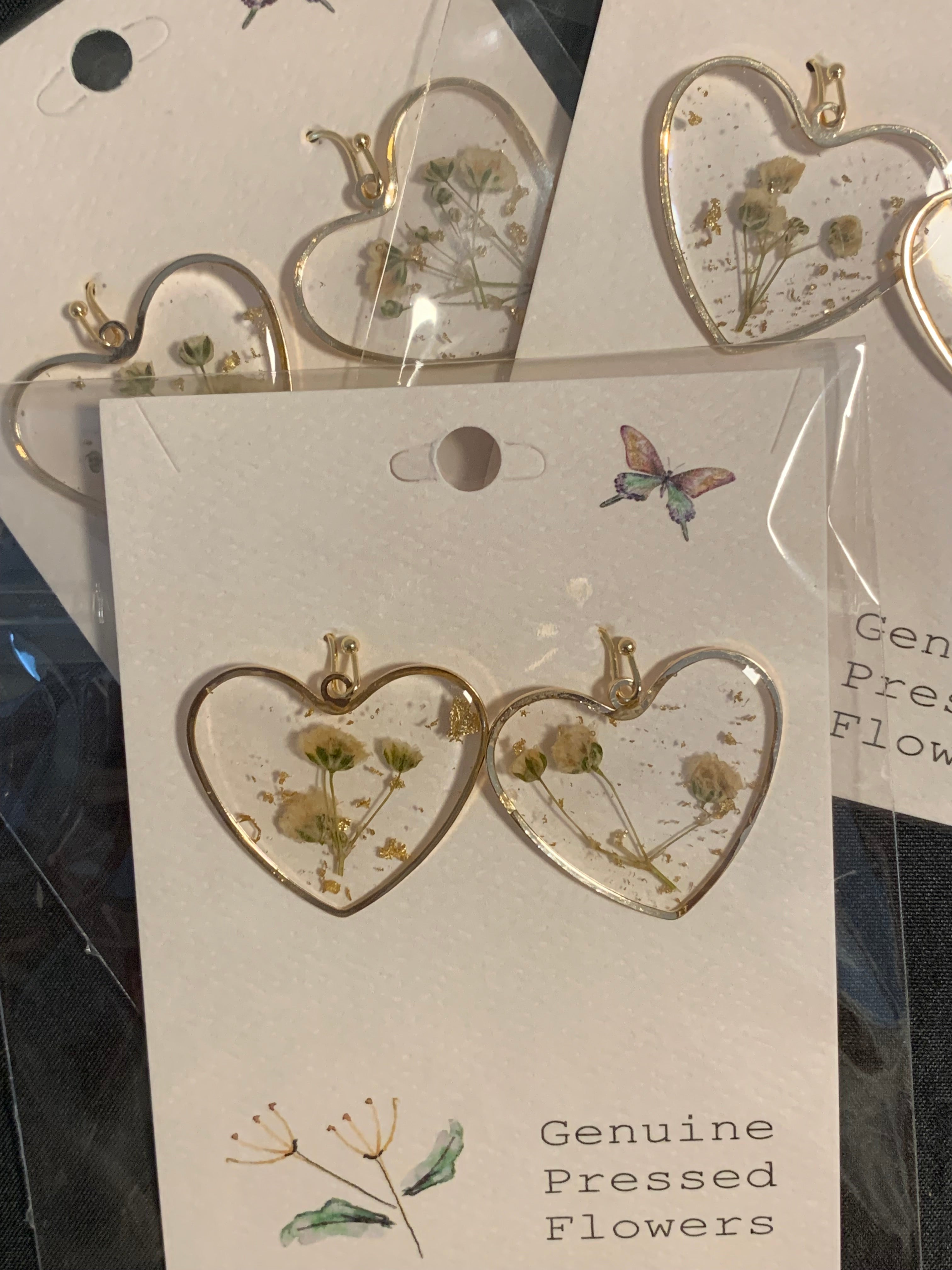 Queen Anne's Lace Dried Flower Heart Earrings