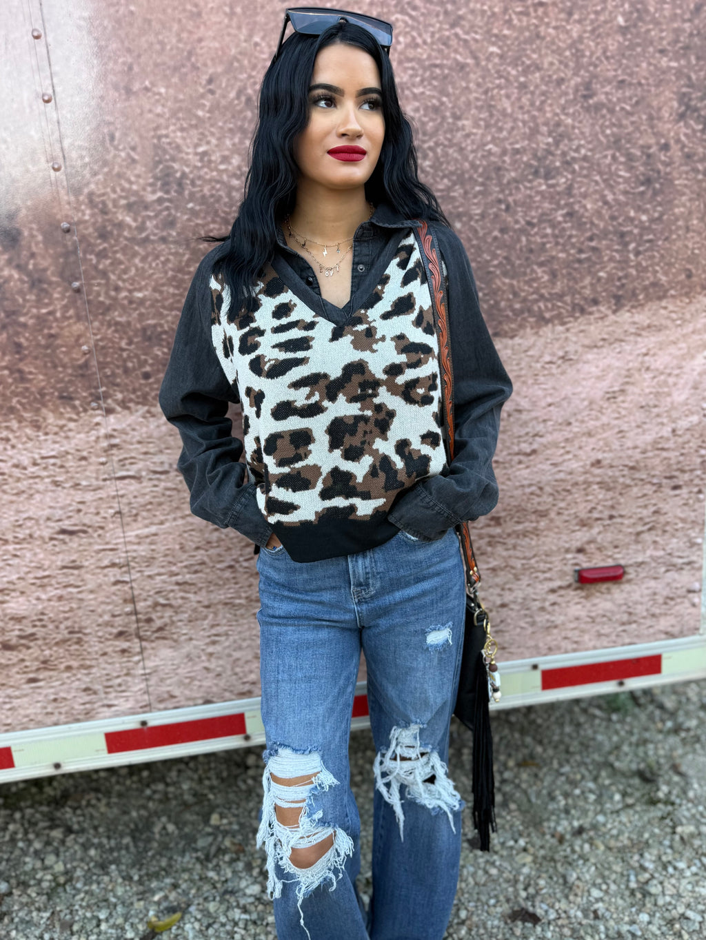 DoubleShift Knit  *Leopard Faux Denim Sweatshirt