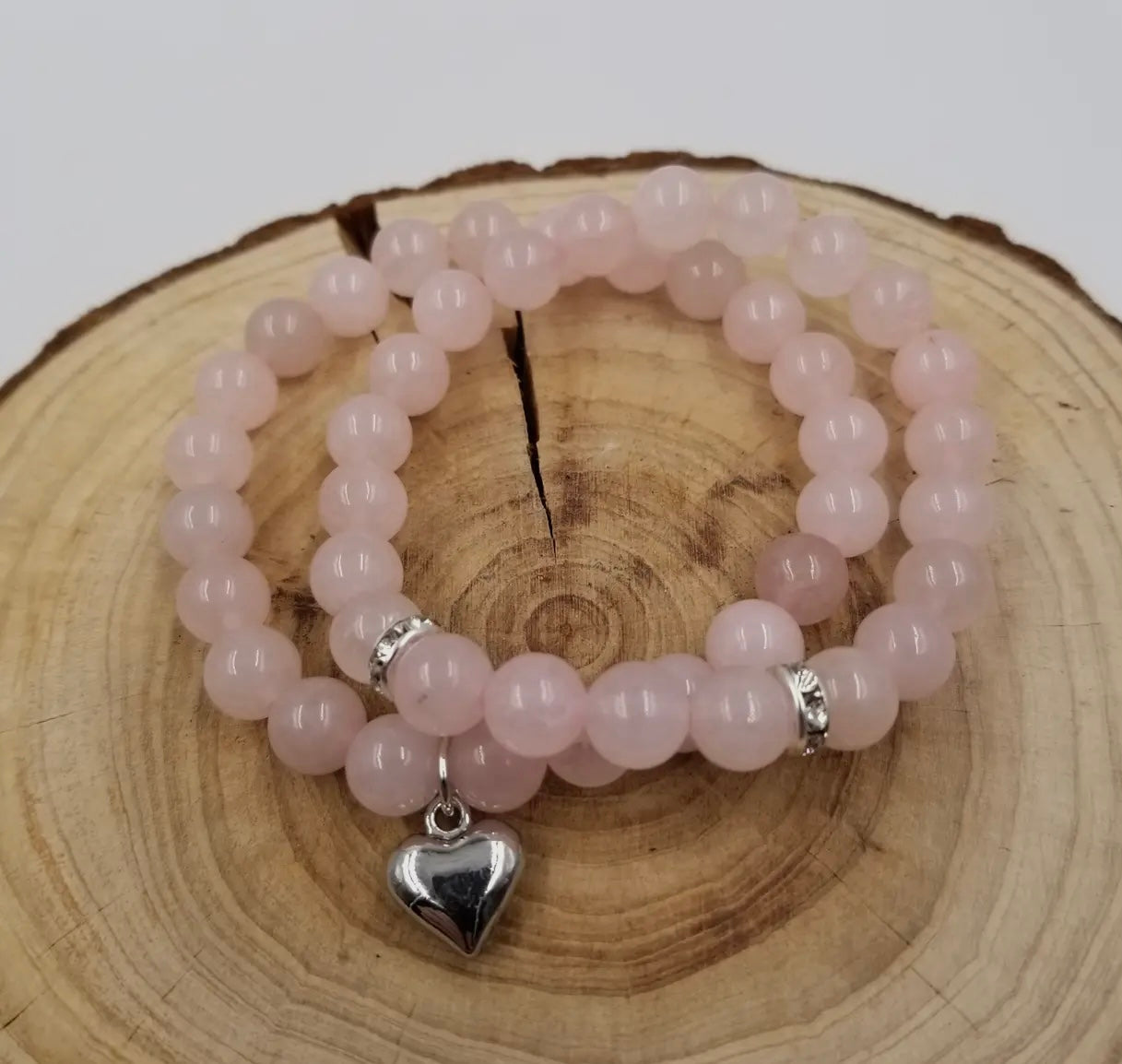 Natural Pink Crystal Heart Bracelet Set