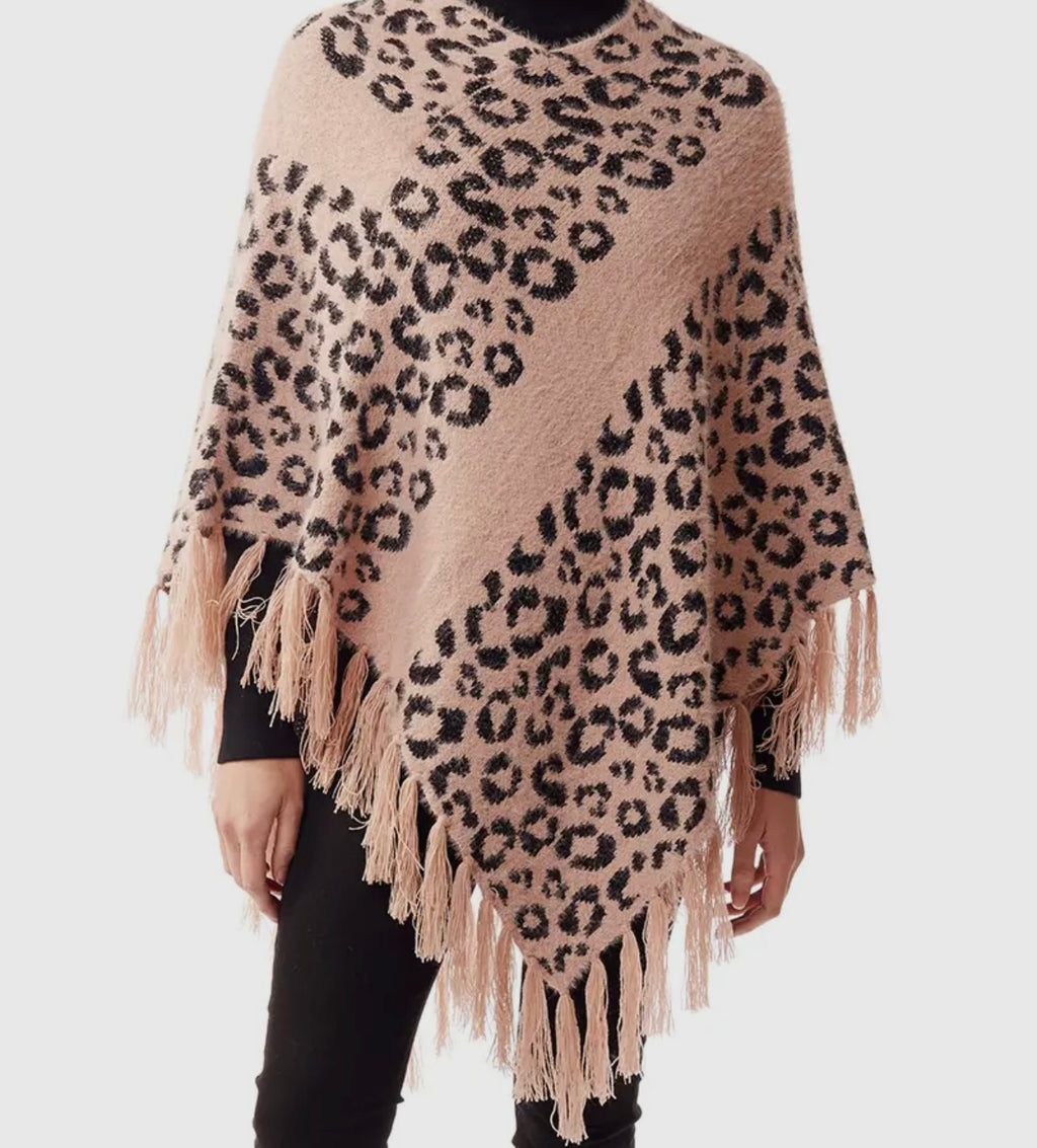 Women's Soft Fuzzy Leopard Print Poncho “Light Pink”